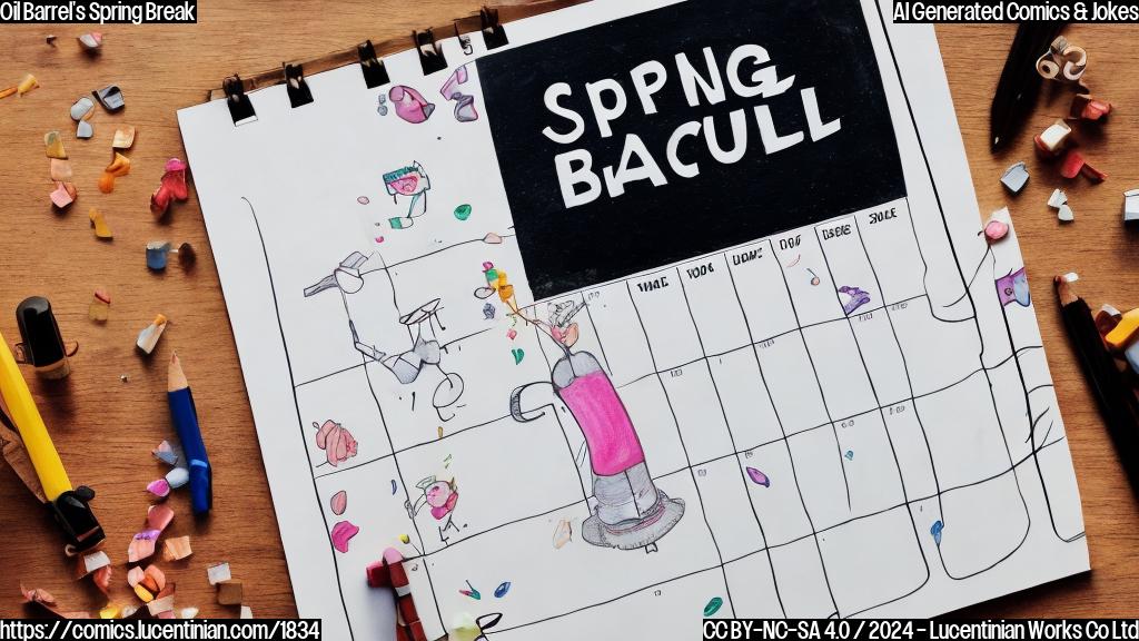 Draw a cartoon of a smiling oil barrel with a suitcase and a "Spring Break" tag, standing next to an empty calendar page highlighted with April 1st.