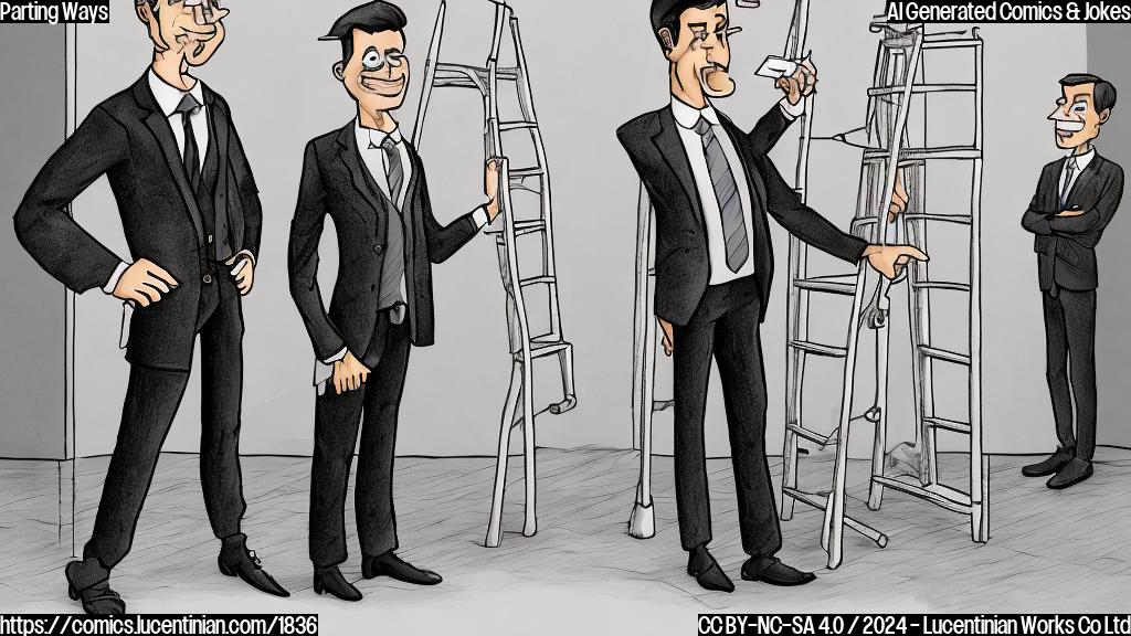 A cartoon style image of a tall, stern-looking person holding a ladder next to another person who is sitting at a desk with a phone. The tall person has a serious expression and is trying to reach something on the high shelf, while the other person looks confused and slightly amused. Both characters are dressed in formal attire, with the tall one having a suit jacket open and the other wearing a tie. The background should be a simple white or light-colored surface to emphasize the contrast between the two characters.