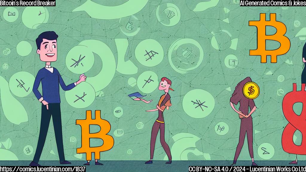 A cartoon of a smiling Bitcoin with a therapist in the background, surrounded by charts and graphs showing its price fluctuations, with a green checkmark on one graph indicating success. The therapist is holding a tablet with a speech bubble saying "You're making progress!"