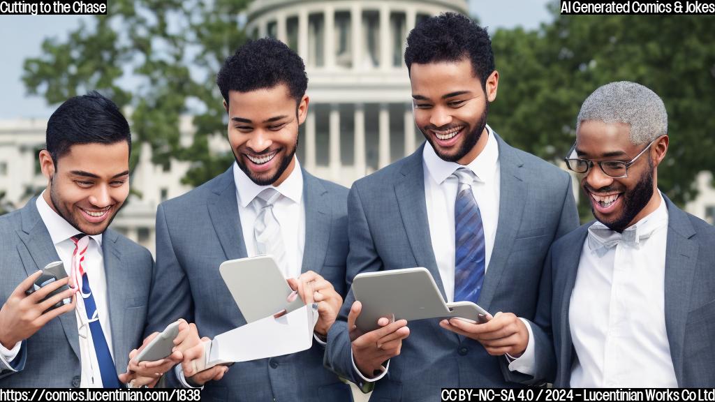 Illustrate two men in suits, one with a smartphone and the other with a calculator, standing in front of the United States Capitol building. The man with the calculator is smiling as if explaining something, while the man with the smartphone looks confused but trying to follow along.