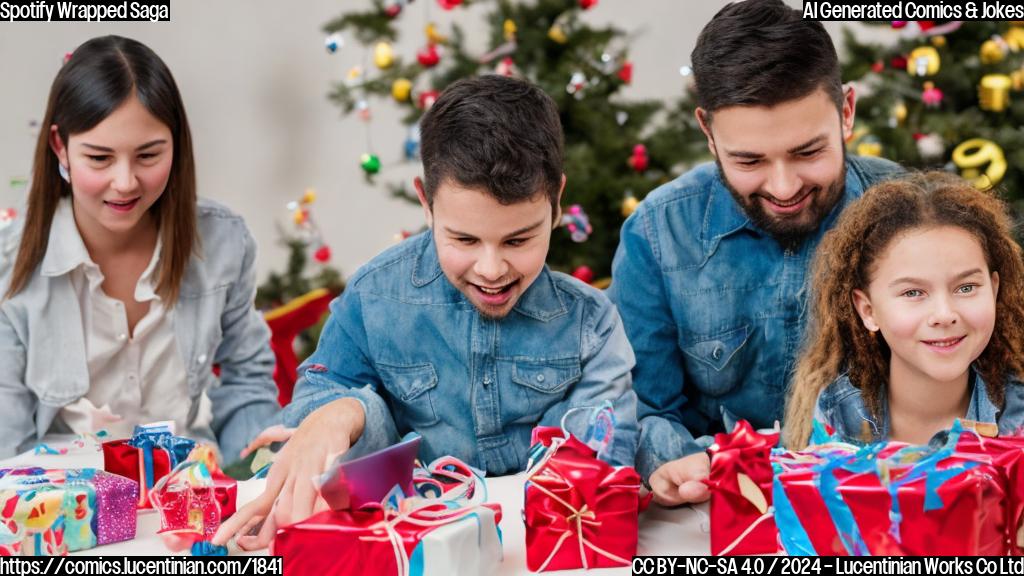 a young child sits in front of a computer with a playlist of popular kids' songs open, while an older parent looks on with a mix of amusement and exasperation, both surrounded by wrapping paper and gift boxes with music-themed designs.