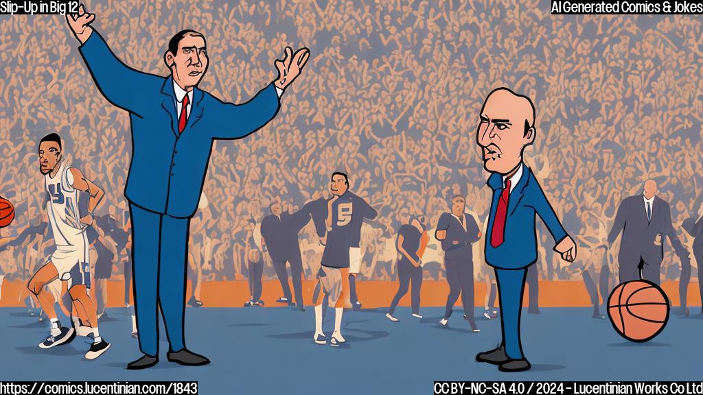 A cartoon of a coach with his hands raised in frustration, standing behind a line where a basketball is driving towards him from the left. The coach should be wearing a worn-out suit and looking disappointed. The background should have a blurred Big 12 conference logo.