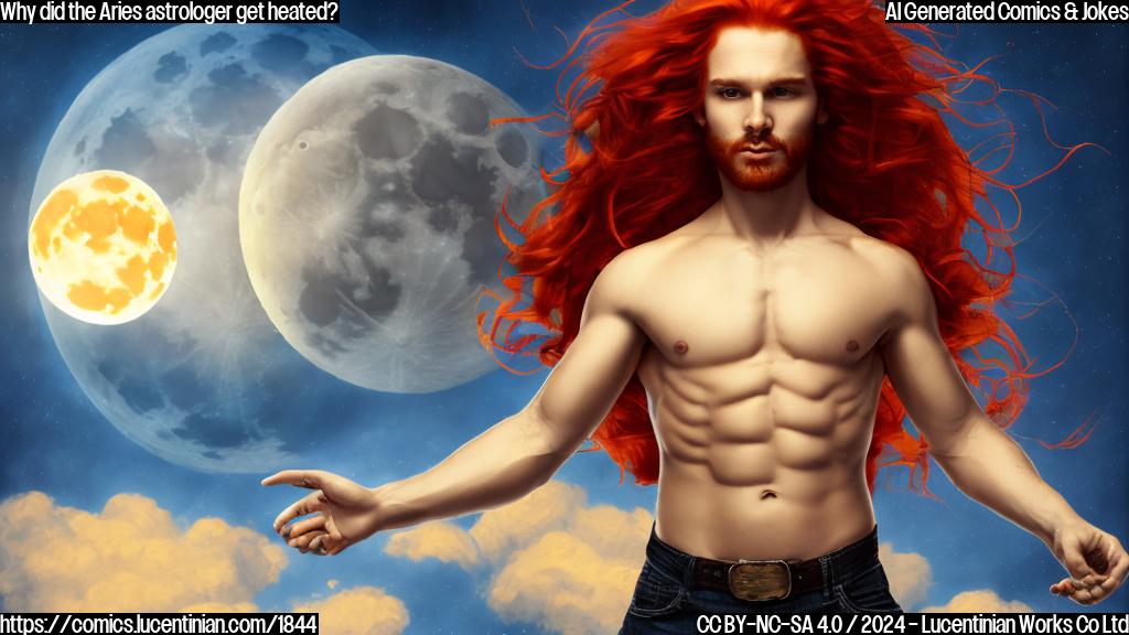 a fiery person with a long, flowing mane of red hair and a bold, determined expression is standing in front of a large, glowing moon against a dark blue background.