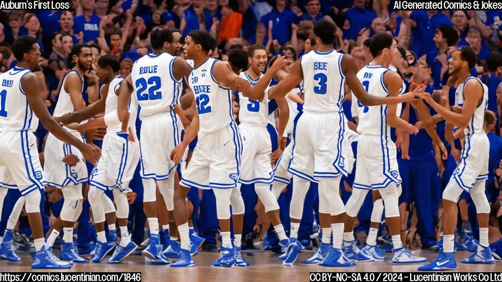 Image of a basketball court with two teams: one wearing Duke colors and one wearing Auburn colors. The Duke players are all smiling except for the player with the number 22 jersey, who looks disappointed. The Auburn players are celebrating and high-fiving each other.