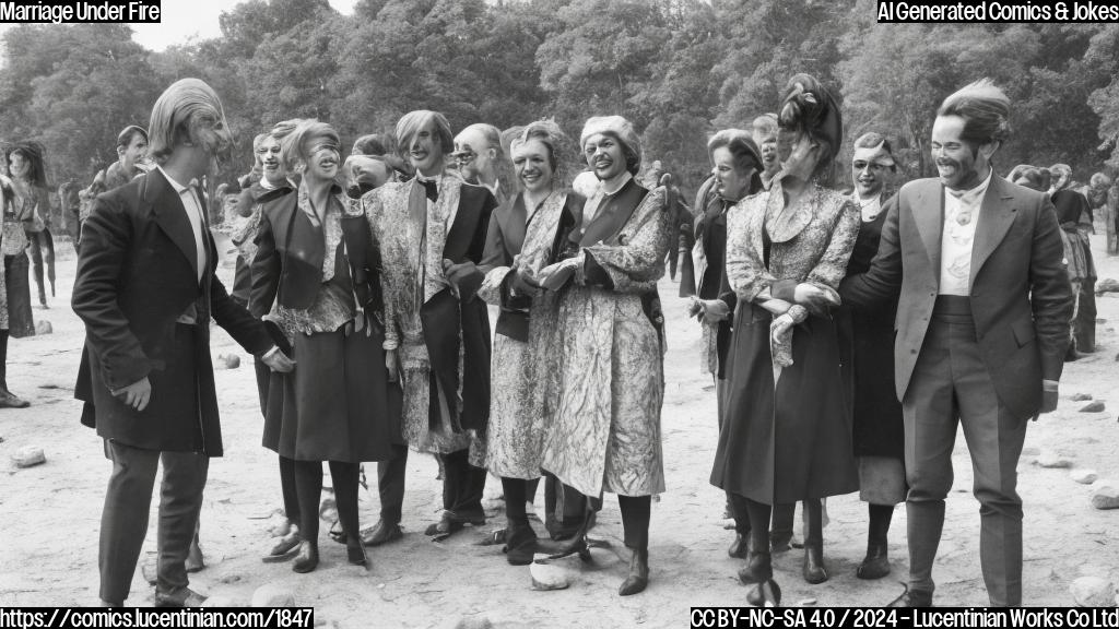 A regal couple with matching hairstyles and outfits standing side by side, holding hands, with a group of people in the background throwing stones and laughing.