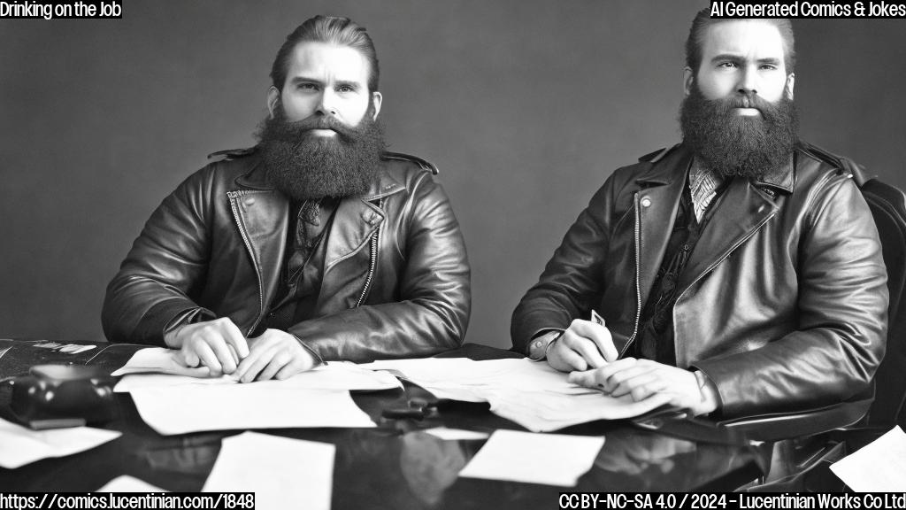 A man with a bushy beard and a worn, leather jacket is sitting in a chair, holding a small flask. He's wearing a suit with a hint of weariness on his face, surrounded by office supplies and papers.