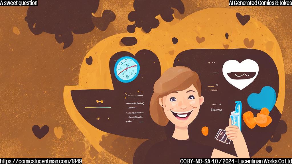 A cartoon-style image of a person holding a bar of dark chocolate with a big smile on their face, surrounded by a halo of health benefits such as a heart and a low blood pressure meter. The background should be a warm and cozy living room with a few pieces of healthy food nearby.