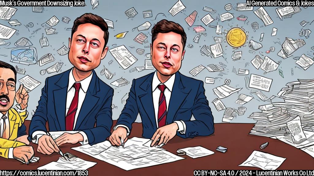 Draw a cartoon of Elon Musk and Vivek Ramaswamy sitting at a desk, surrounded by papers and pens, with a giant blockchain symbol behind them. Elon Musk is wearing a suit and holding a tablet, while Vivek Ramaswamy has a confident expression and is scribbling notes on a notepad.