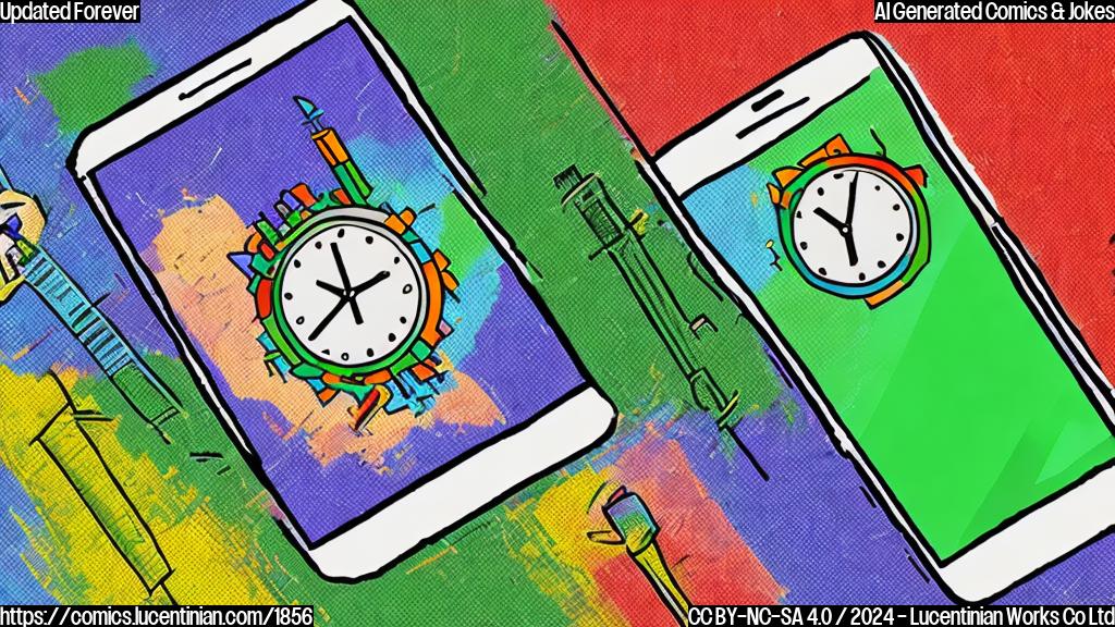 A colorful cartoon of a pixelated smartphone with a clock in the background, surrounded by two arrows pointing upwards, one with a green checkmark on top of it.