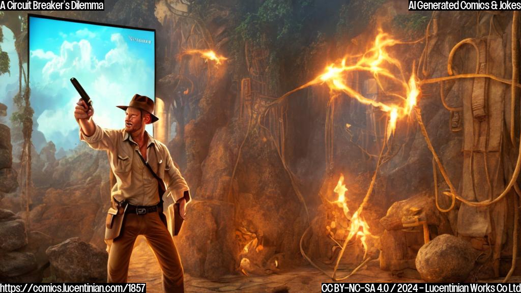 Draw a cartoon-style picture of a PC gamer with a laptop, holding a ladder and standing in front of a TV screen displaying an Indiana Jones game scene. The PC gamer has a puzzled expression on their face.