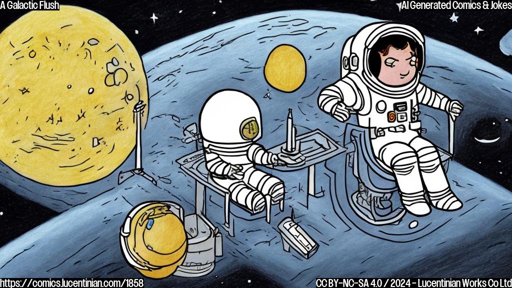 Draw a plain color cartoon style picture of an astronaut sitting on a space toilet with a thought bubble above its head showing a worried expression, surrounded by stars and a faint image of the Moon in the background.