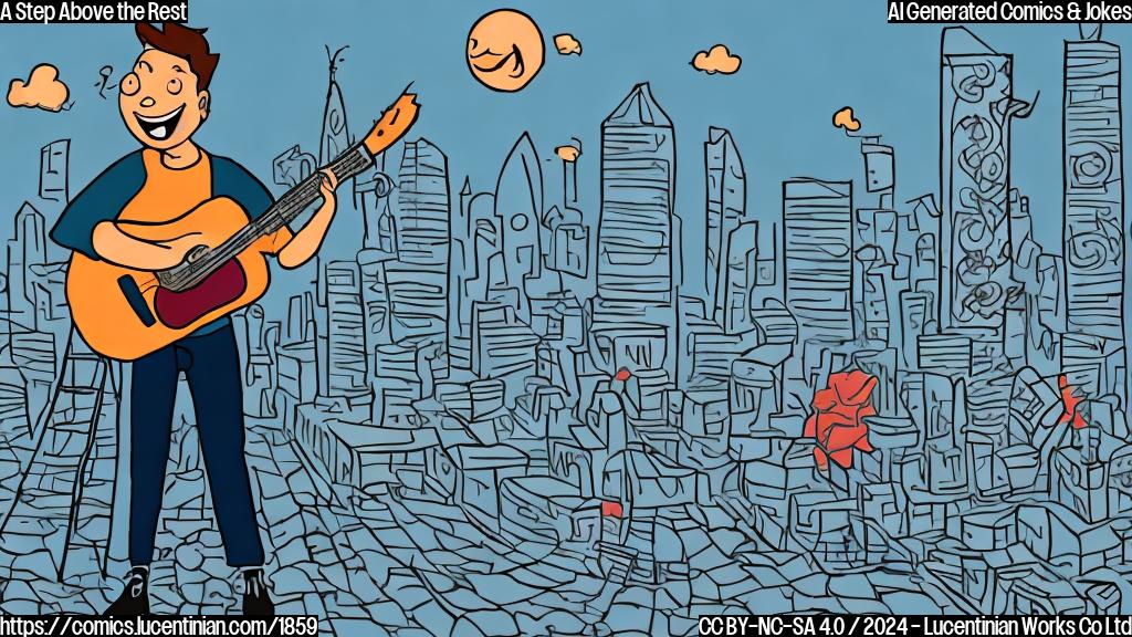 Illustrate a cartoon-style picture of a musician standing on a ladder, holding a guitar and smiling, with a city skyline in the background. The ladder should have musical notes and treble clefs on its rungs.