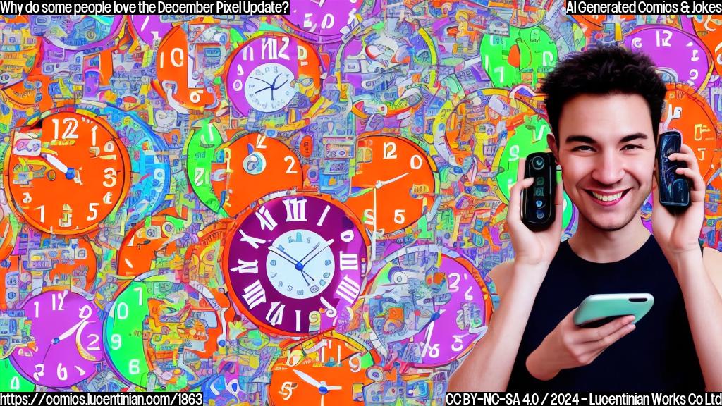 A colorful cartoon style image of a person holding a phone with a smile on their face, surrounded by multiple clocks and calendars. The phone screen displays different dates, including today's date (December 1st), with a few Pixel phones in the background showing various feature updates. In front of the person, there are multiple batteries with lights flashing, conveying the idea of energy and power.