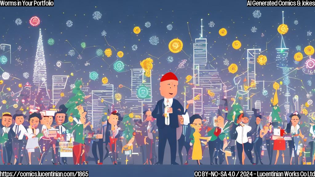 A group of diverse corporate figures with various facial expressions, surrounded by charts and graphs, with one figure holding a large pile of cash and another looking stressed, all set against a background of a city skyline with festive lights in the distance. Incorporate some subtle worm-like elements into the design.