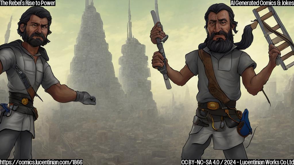 A cartoon-style image of a person holding a ladder, with a determined expression on their face. The background should be a cityscape with a major building in the center (resembling Hama). The rebel leader and government forces are absent from the scene. Incorporate subtle hints of conflict and movement in the environment to convey the idea of a "next level" of fight.