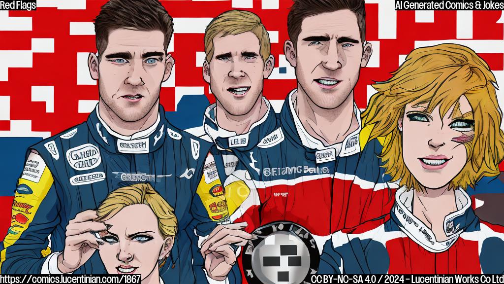 Illustrate a cartoon style picture of two racing drivers (one with red hair and the other with blonde hair) facing each other with a shocked expression on the blonde-haired driver's face, surrounded by chequered flags. The red-haired driver is holding a sign that says "Backstabber".