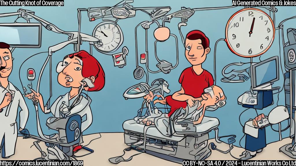 Draw a cartoon style picture of a man in an operating room with an anesthesiologist, holding a clock with a red line through it and looking worried. The man is surrounded by beeping machines and medical equipment.