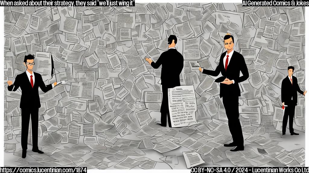 A cartoon of a person wearing a suit and holding a briefcase, standing in front of a large calendar with several X's marked on it. The person is surrounded by chaotic papers, notes, and books.