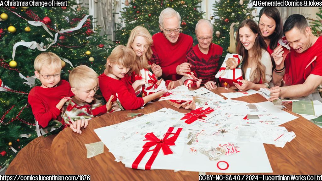 Illustration of a family gathered around a table with a Christmas tree, some wrapped gifts, and a calendar showing $10,000 with a red "X" marked through it. The image should convey a sense of financial responsibility and a shift away from extravagant spending.