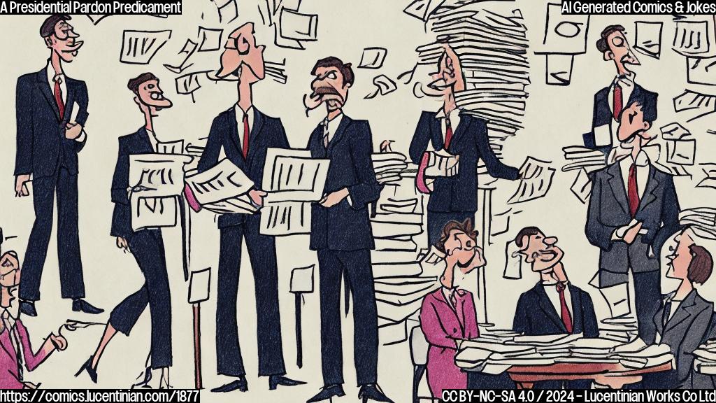 Draw a simple cartoon of a group of people in suits and ties standing around a table with stacks of paper, looking stressed, while one person is singing and holding a pen