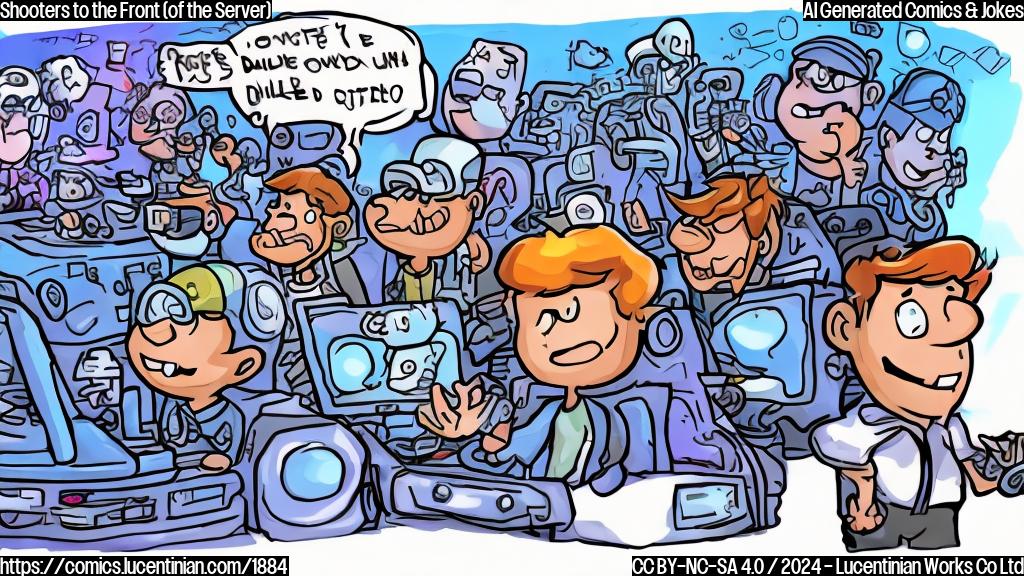 Draw a cartoon of a smiling video game server with multiple players waiting in line, each person holding a controller. The server has a thought bubble with a speech bubble inside, expressing frustration about being overwhelmed. Color scheme: calming blues and whites to represent the digital world.