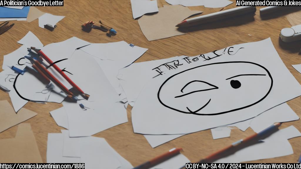 Draw a simple cartoon of a formal-looking letter with a frowning face, sitting on a desk. The letter has a big X marked through it and a small smiley face in the corner. In the background, there is a faint image of a politician shaking hands with someone, with a "RESIGNATION" banner above them.