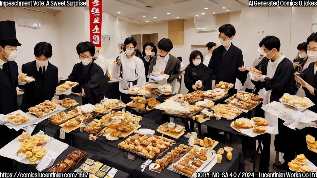 A group of shadowy figures in traditional Korean attire, surrounded by ballot boxes and voting booths, with a large plate of sweet pastries on a nearby table.