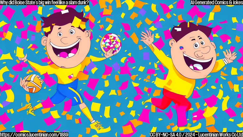 Draw a cartoon of a smiling football player with a running motion, surrounded by cheering crowds and confetti, all in a bright and bold color scheme.