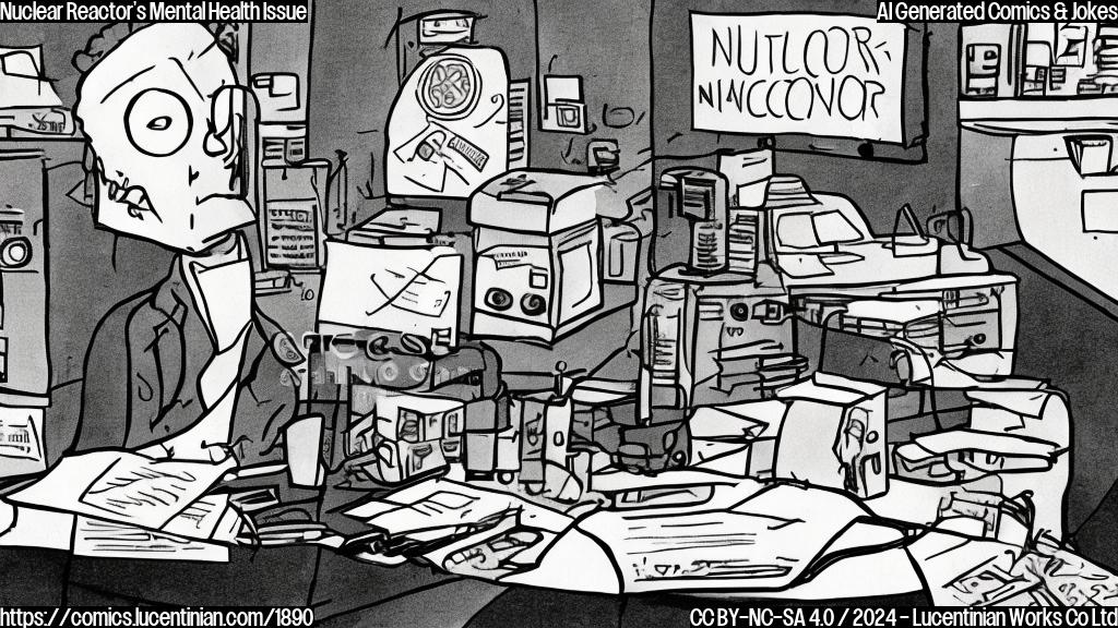 A cartoon-style image of a nuclear reactor with a worried expression, sitting on a therapist's couch, surrounded by papers and pens. The reactor has a few "radical" thoughts written on its control panel.