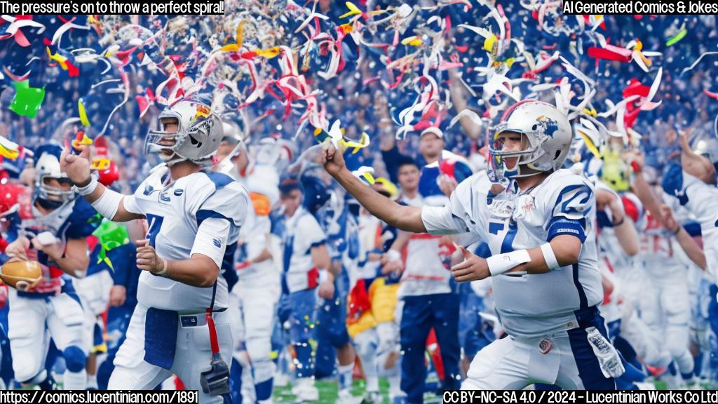 A smiling football with a helmet and shoulder pads throwing a football in mid-air, surrounded by confetti and a quarterback's headset, with the coach standing behind it giving a thumbs up.