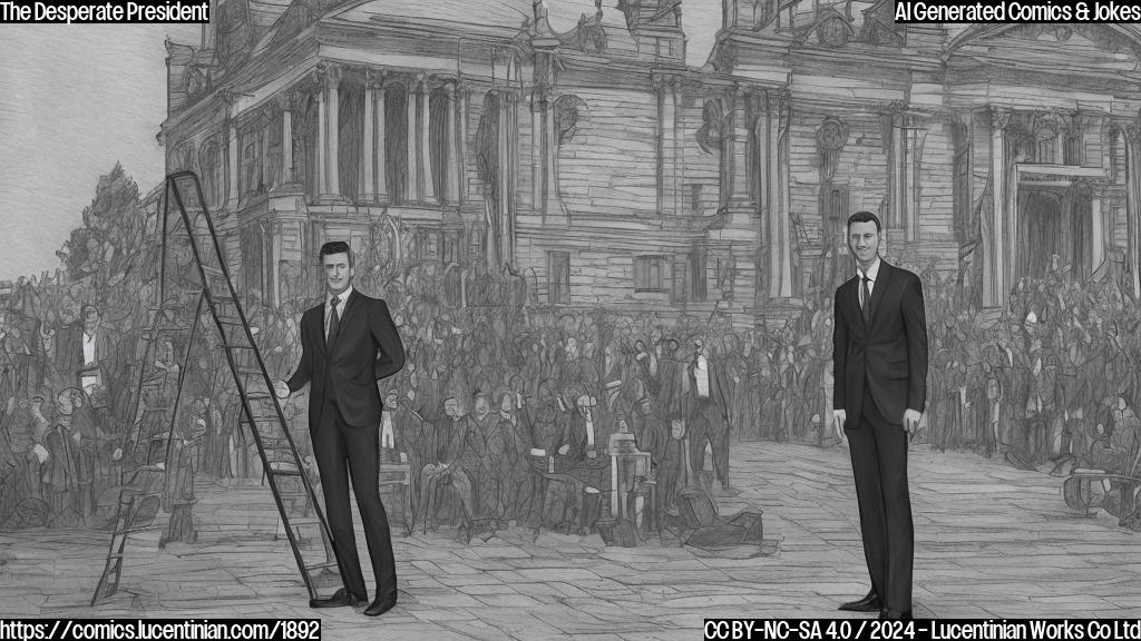 Draw an image of a person in a formal suit, standing on a chair in front of a parliamentary building, holding a ladder. The background should have a blurred image of a crowd and news reporters.