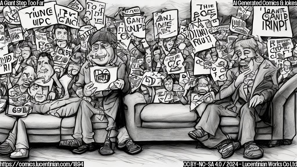 Draw a cartoon of a middle-aged man, dressed in casual attire, sitting on a couch surrounded by giant fans holding signs that read "RIP" and "Giant Fan Club". The man should be wearing a nostalgic expression, with a hint of sadness in his eyes. The background should be a warm, comforting color, such as beige or light brown.