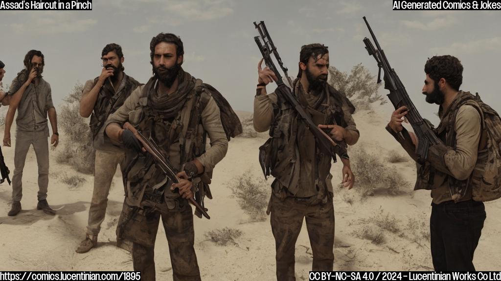 A group of men, one wearing a red keffiyeh and holding an AK-47 rifle, another wearing a white headscarf and holding a sniper rifle, standing next to each other with varying degrees of messy hair. The man in the center is looking at his reflection in a mirror, while the other two men are having a heated discussion behind him.