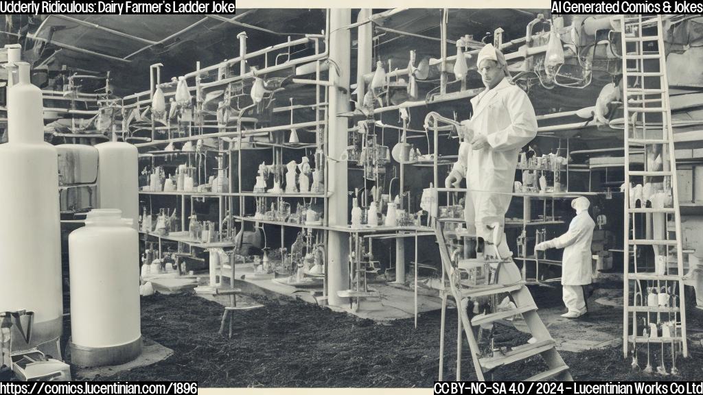 A dairy farmer stands in front of a laboratory, holding a ladder and wearing a lab coat. The farmer is surrounded by milk bottles and testing equipment, with a few cows in the background looking curious. The ladder is labeled "Milk Quality" and has a few rungs marked with increasing levels of "Fat Content".