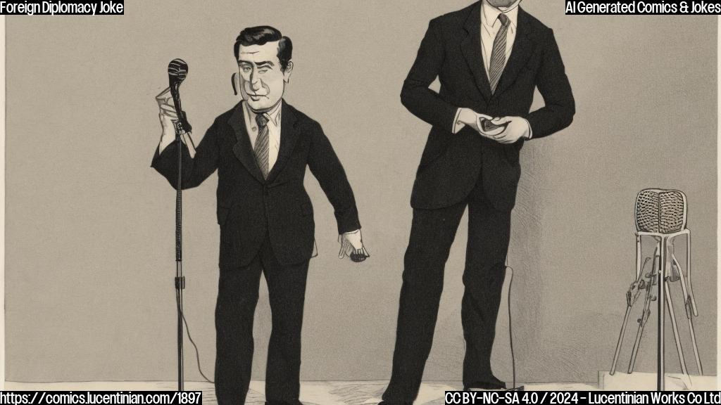 a cartoon of a person in a suit standing on a stool or step, holding a microphone and looking serious, with a slight smirk on their face