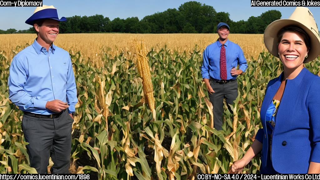 A smiling Joni Ernst (with a farmer's hat) stands next to a cornfield, looking directly at an amused-looking Pete Hegseth (wearing a suit and tie), with a few kernels of corn scattered around them, symbolizing the "corn" pun.