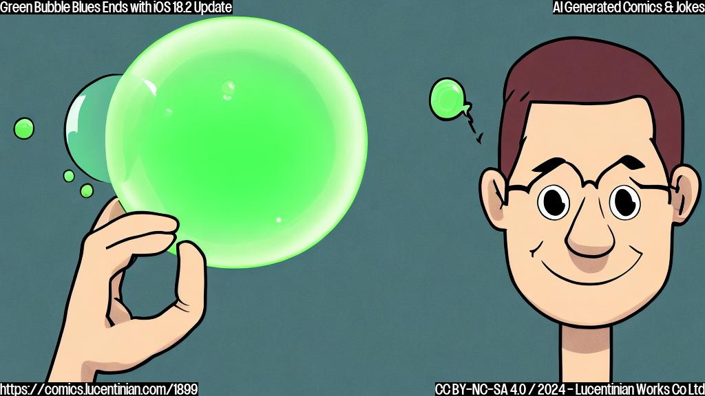 Draw a plain color cartoon style picture of a person holding an iPhone, with a green bubble on the screen, and a thought bubble above their head with a smiling face.