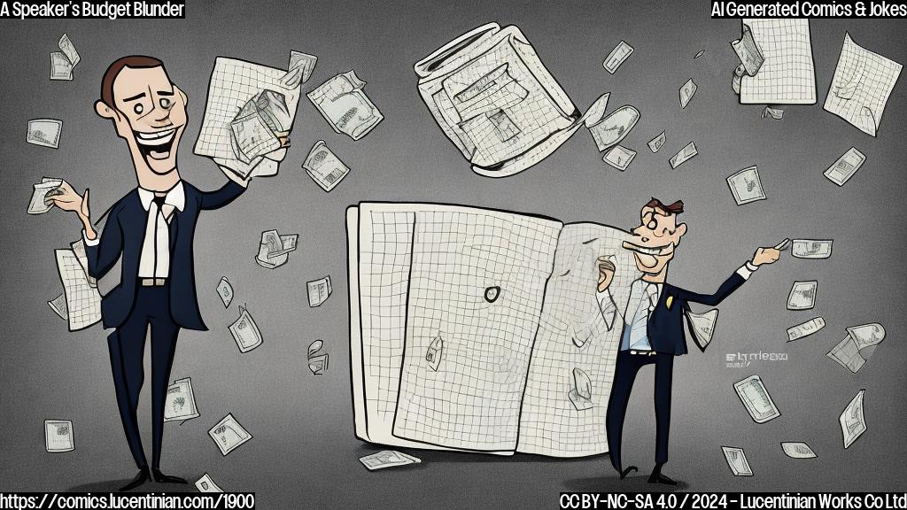 Draw a cartoon of a person wearing a suit and tie, holding a wallet with a large hole in it. The background is a simple grid of numbers, representing a budget. The person is standing on one leg, trying to balance the wallet while laughing nervously.