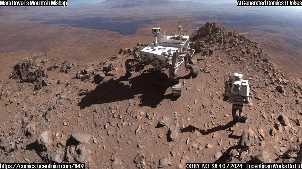 A Martian rover standing in front of a steep, rocky mountain with a long ladder leaning against it, both have a scenic view behind them