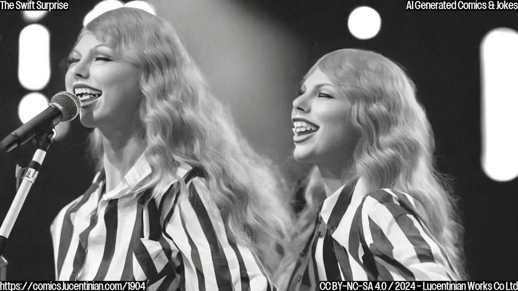 A smiling woman with blonde hair wearing a black and white striped shirt and holding a microphone stands on a stage in front of a large crowd of fans. The background is a cityscape at sunset, with the Vancouver skyline visible through the windows of the venue. Taylor Swift's face is illuminated by a spotlight, and she has a warm and welcoming expression.