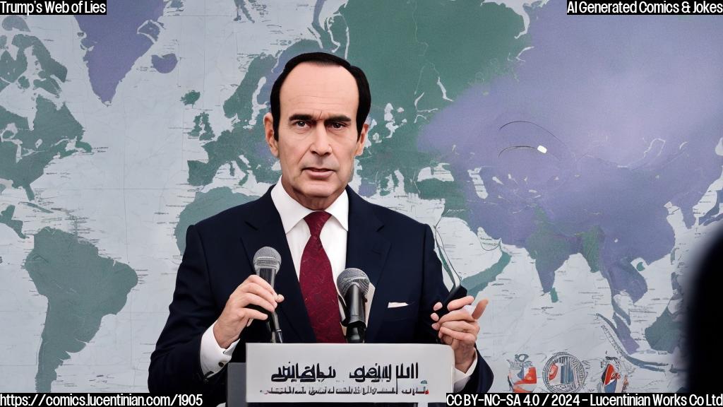 a stern-looking man with a receding hairline and a distinctive comb-over hairstyle, wearing a suit and holding a microphone, standing in front of a blurred background of a map of the Middle East