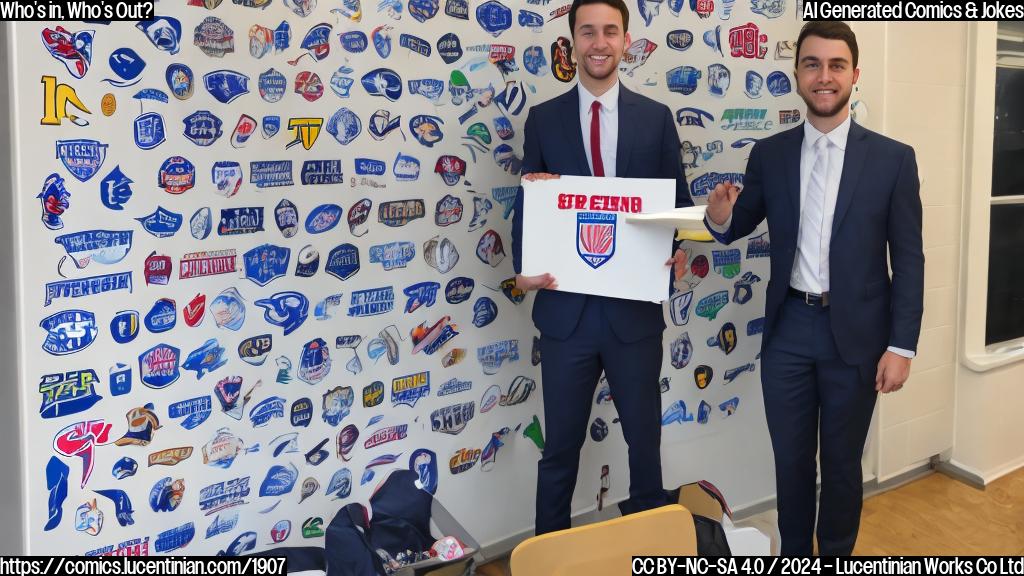 A person holding a clipboard and standing on a small step stool in front of a whiteboard with college football team logos. The person is wearing a suit and tie, while the step stool has a few NCAA conference flags stuck into it.