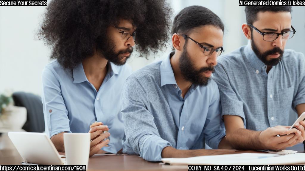 A person sitting at a desk with a therapist in a chair across from them, both holding their phones with encrypted messaging apps open on the screen, looking concerned and confused