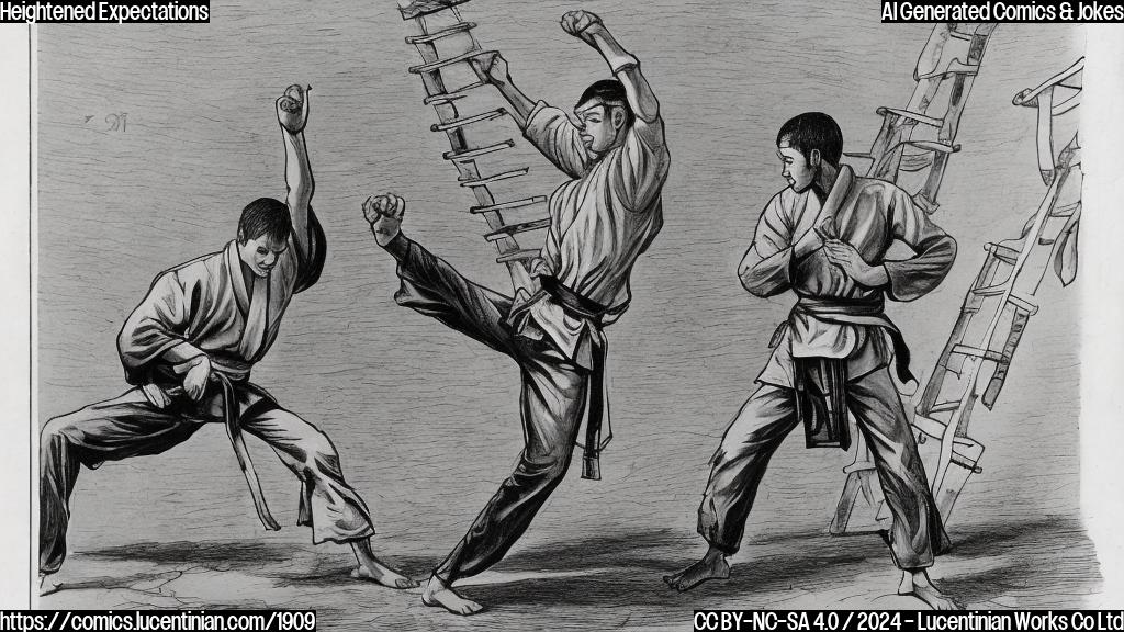 Draw an illustration of a male martial artist standing in front of an octagonal ring, with a ladder leaning against one side. The martial artist is wearing a confident expression and holding the ladder with both hands. In the background, a rival fighter can be seen looking up at the ladder with concern.