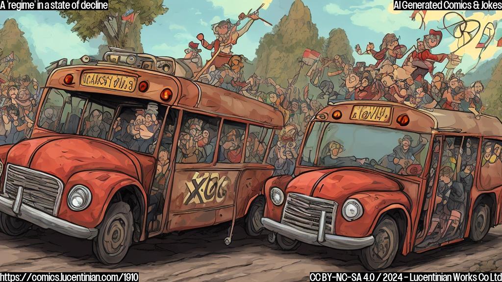 Draw a simple cartoon of a worn-out, ancient-looking bus driving along a winding road with a large, red 'X' marked through it, surrounded by cheering rebels in the background.