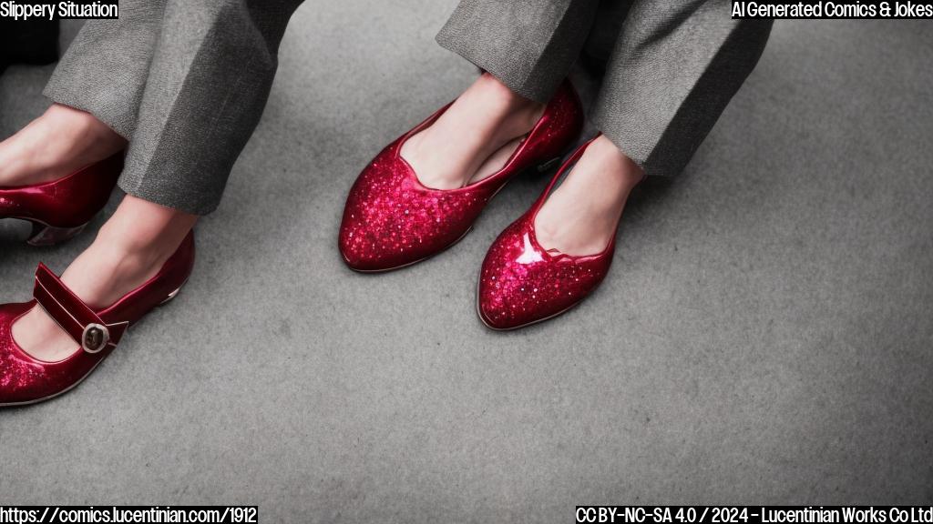 A pair of ruby red shoes with intricate buckles and a sparkle, sitting on a therapist's couch, looking a bit down at their soles.