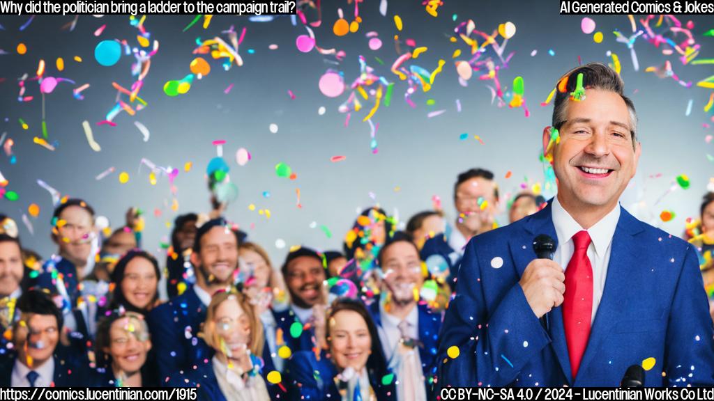 A smiling, middle-aged man with a suit and tie standing on a ladder, holding a microphone in one hand and shaking hands with supporters below him. The background is a bright, colorful cityscape with balloons and confetti.