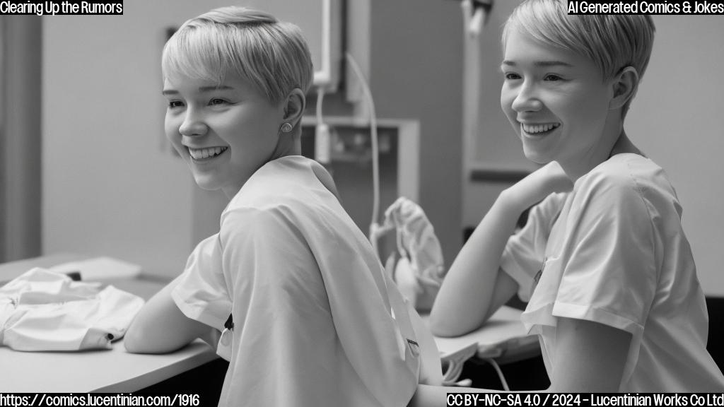 A young woman with short, blonde hair and a bright smile is sitting in front of a computer, looking relieved. She's wearing a hospital gown and has a few bandages on her hand. In the background, there's a subtle image of Barry Keoghan in the distance, but he's not clearly visible. The overall tone should be one of innocence and deniability.