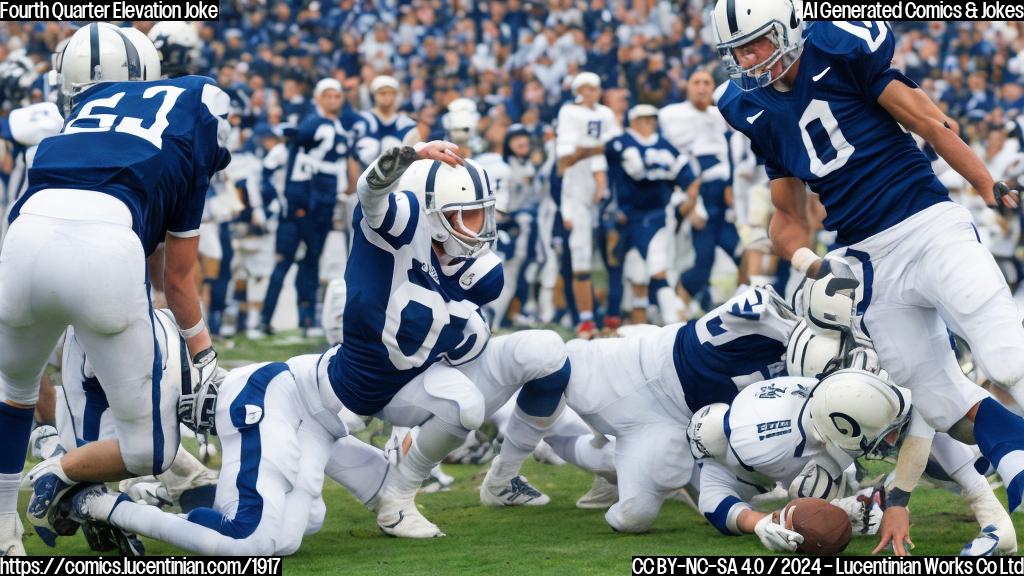 A cartoon of two football players, one with a ladder and holding a football, while the other is on the ground looking confused. Both are wearing matching Penn State uniforms.