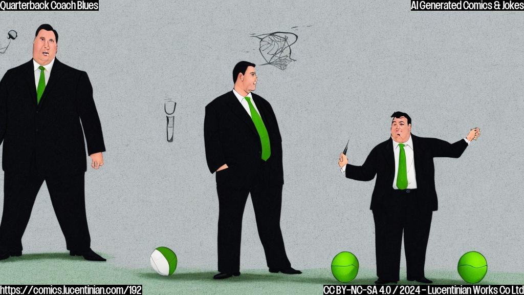 A short, portly man in a suit stands at a whiteboard, looking frustrated. Next to him is a tall, athletic figure with a confident expression. The background is a plain green football field. The style of the drawing should be simple and cartoonish.